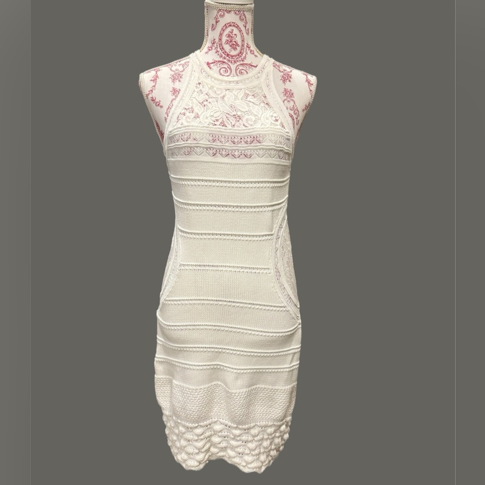 Roberto Cavalli White Patterned Cotton Knit Sleeveless Dress Small